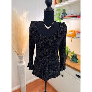 Y2k Glam Black, Ruffled, Sparkling Metaphor Blouse sz M